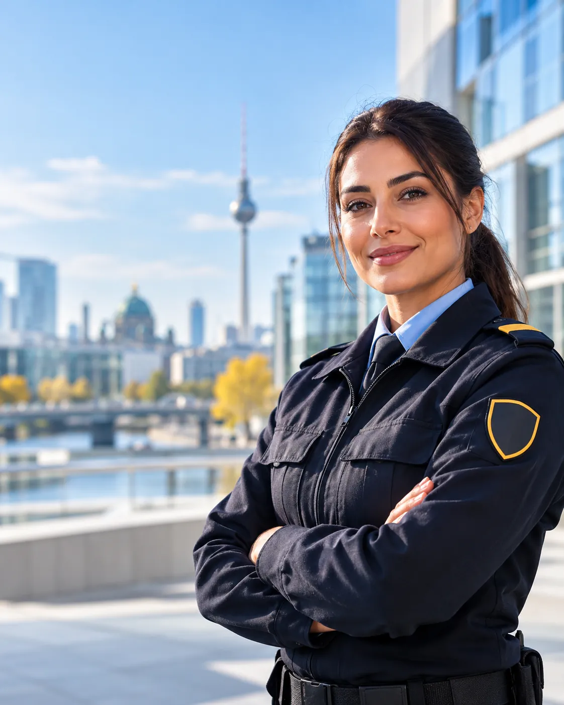 Sicherheitsmitarbeiterin vor der Berliner Skyline