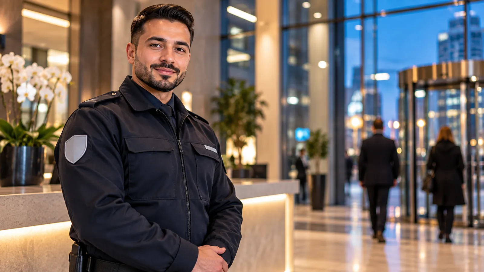 Sicherheitsmitarbeiter in der Lobby eines modernen Gebäudes